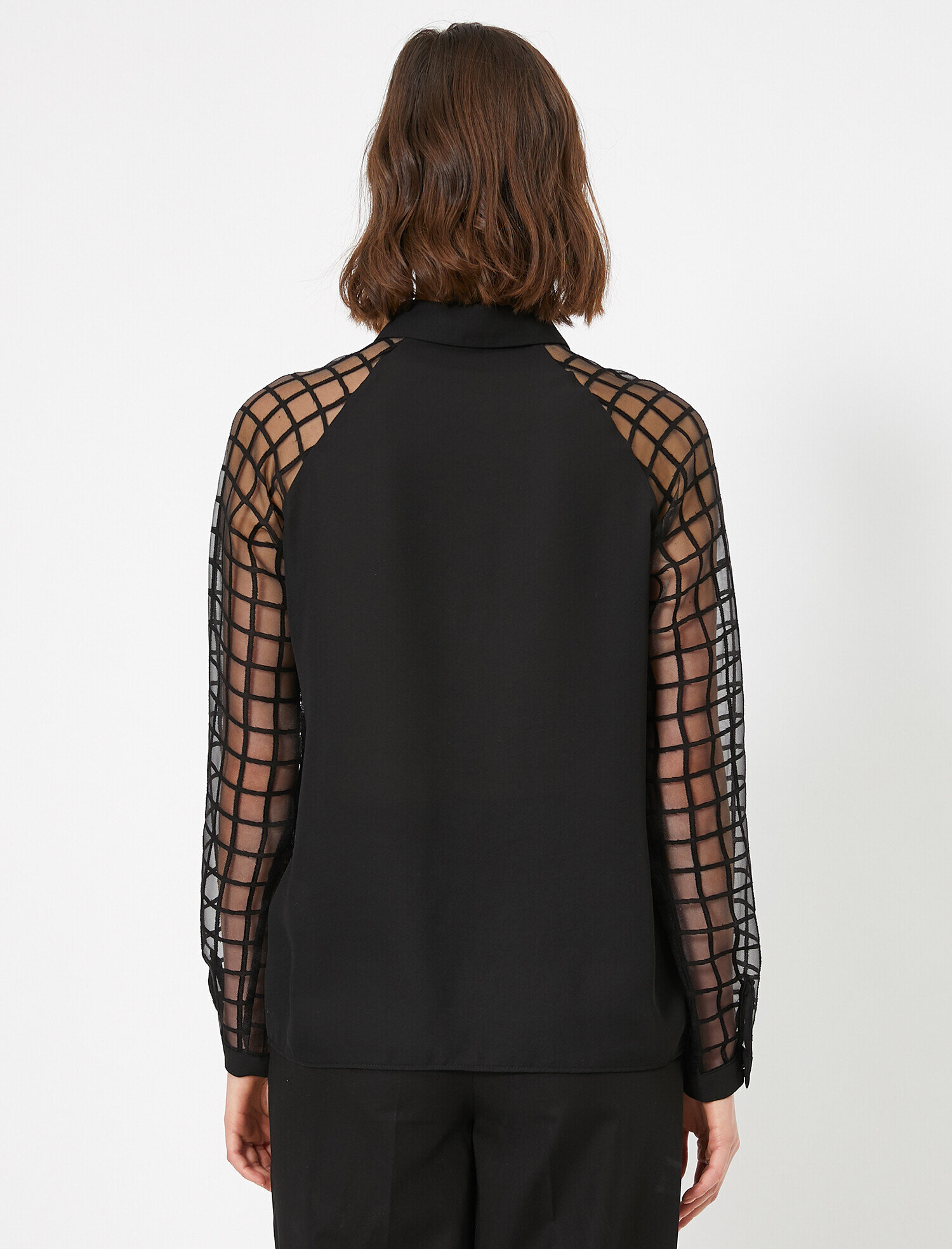   Kare Desenli Tül Kol Detaylı Uzun Kollu Gömlek