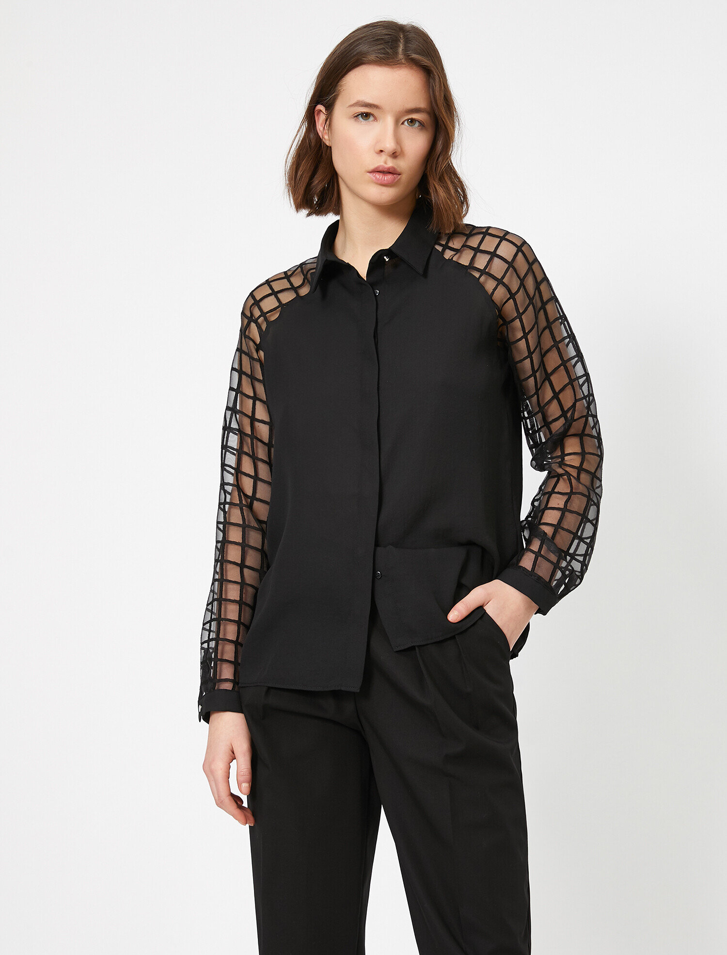   Kare Desenli Tül Kol Detaylı Uzun Kollu Gömlek