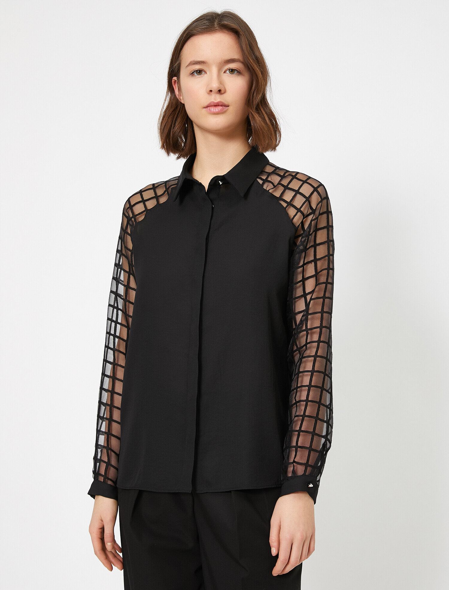   Kare Desenli Tül Kol Detaylı Uzun Kollu Gömlek