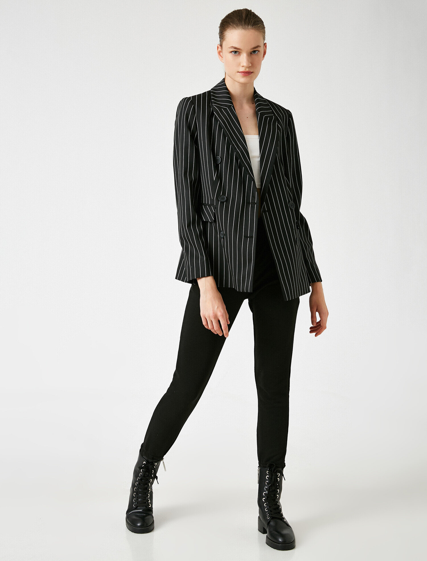   Cep Detaylı Çizgili Blazer Ceket