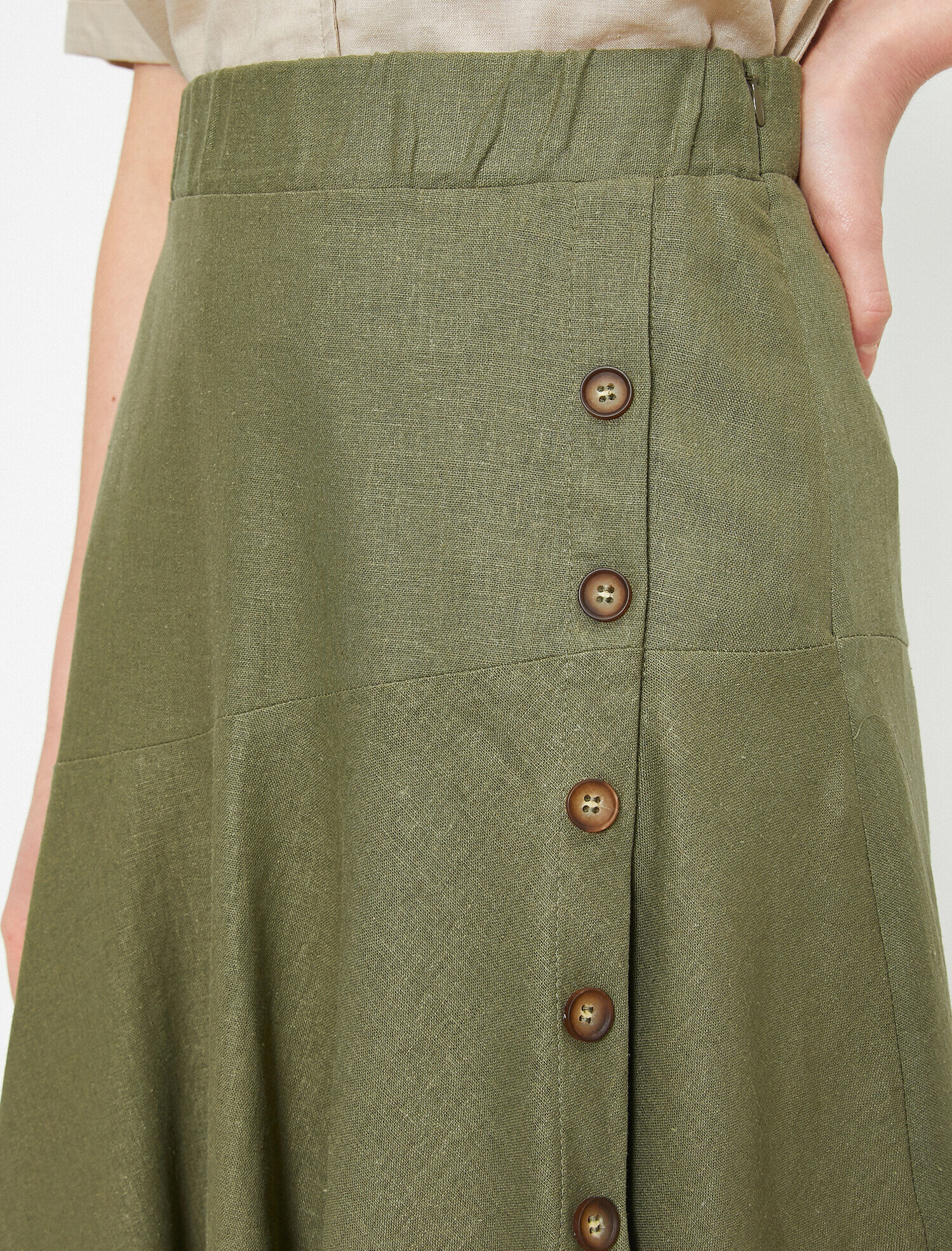   Düğme Detaylı Etek Keten Karışımlı