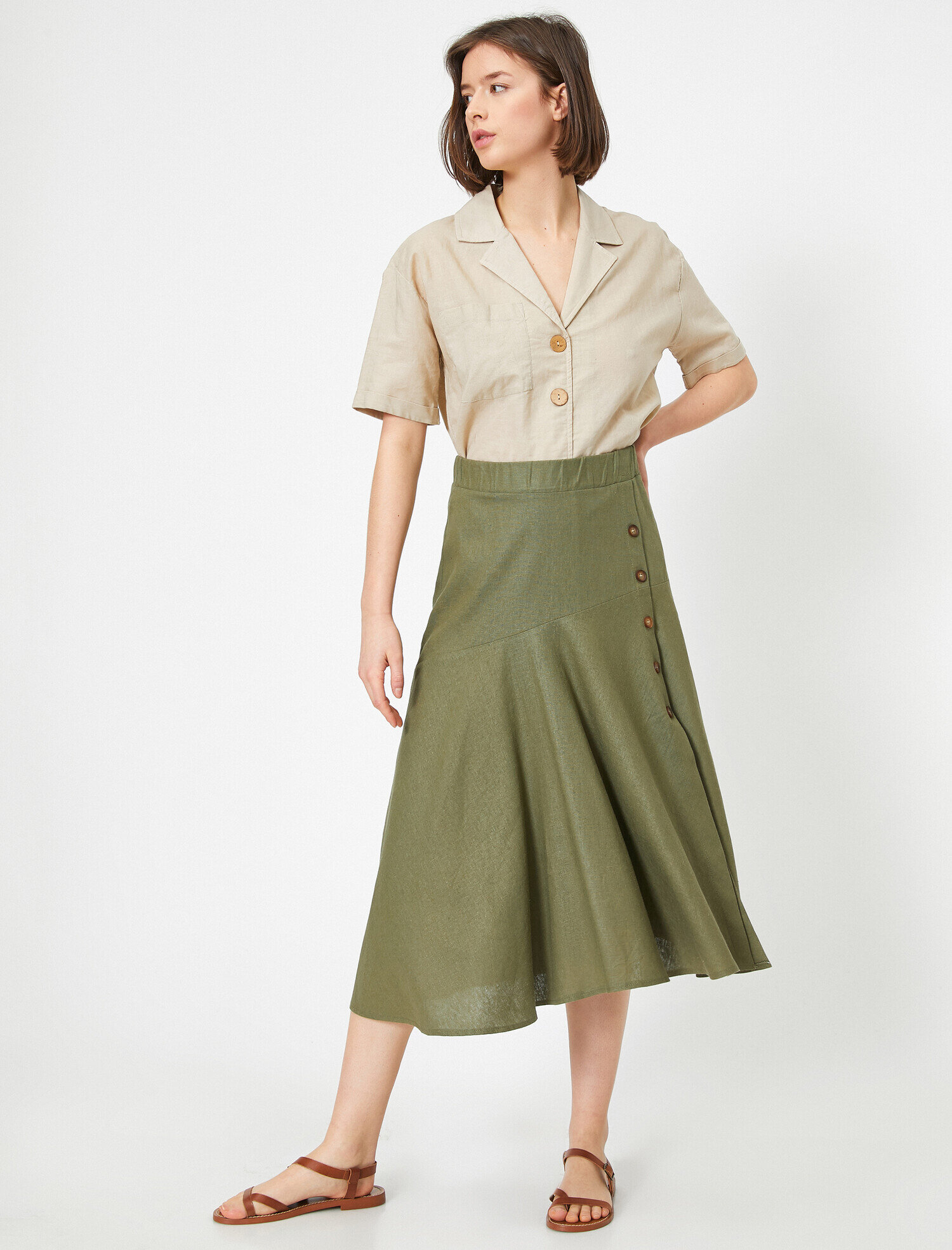   Düğme Detaylı Etek Keten Karışımlı