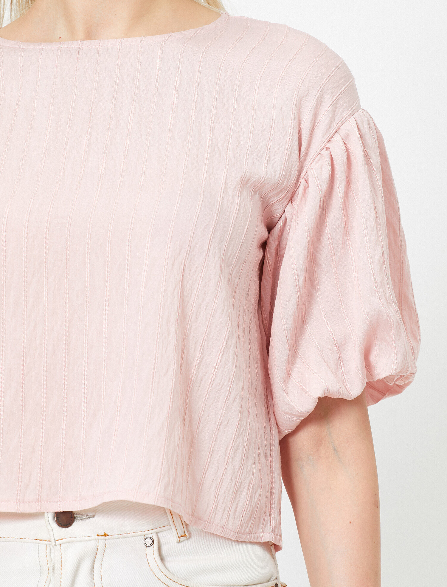   Bisiklet Yaka Kısa Kollu Kolları Volanlı Bluz