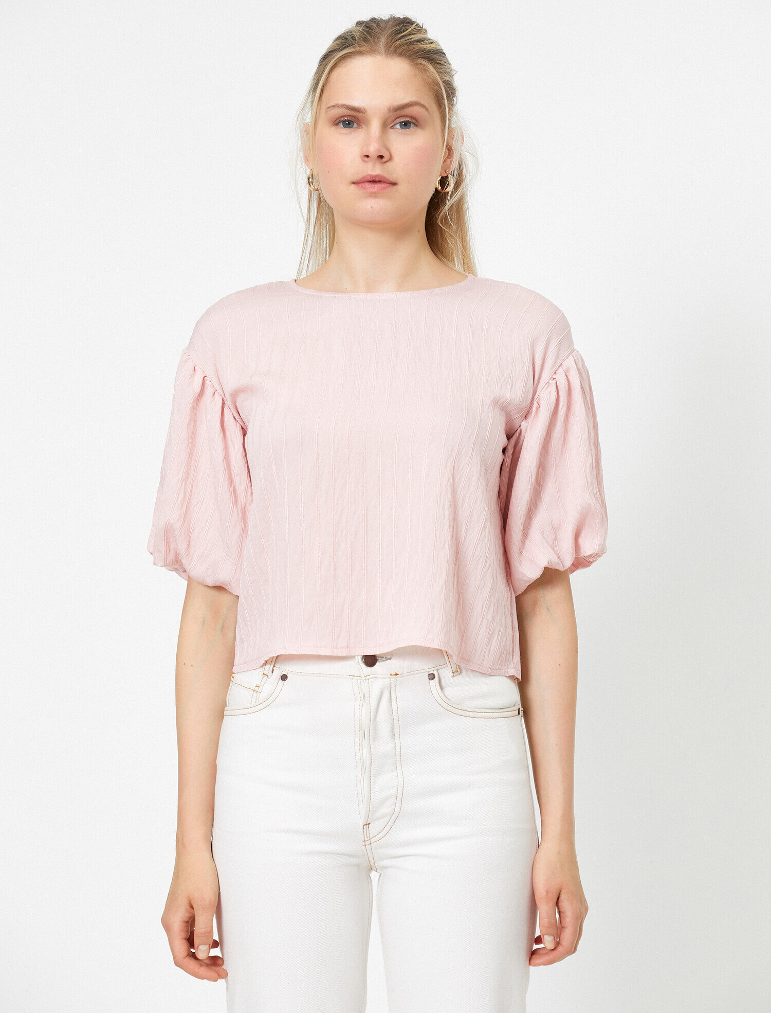   Bisiklet Yaka Kısa Kollu Kolları Volanlı Bluz