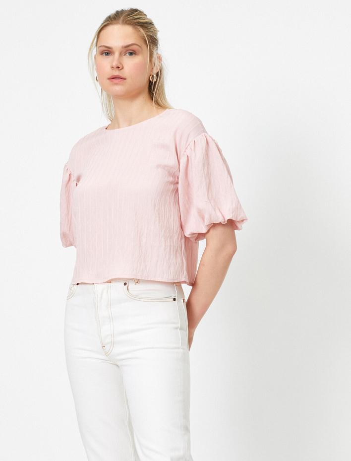  Bisiklet Yaka Kısa Kollu Kolları Volanlı Bluz