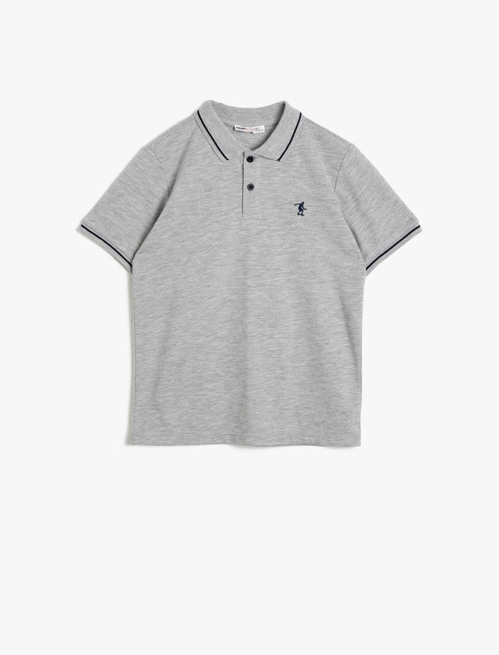 Erkek Çocuk Polo Yaka Pamuklu Düğmeli Çizgi Detaylı Nakışlı Kısa Kollu Tişört