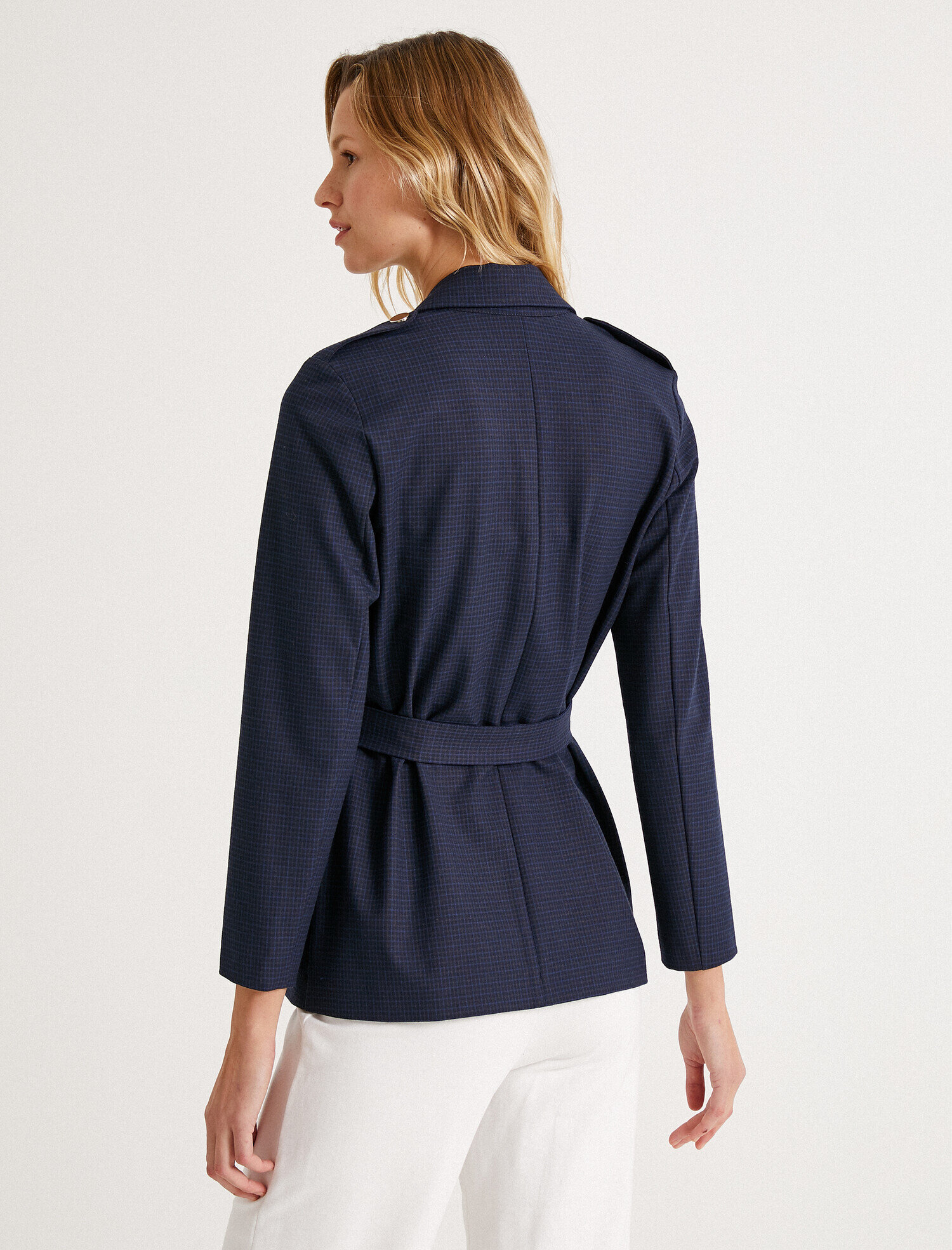   Kareli Apolet ve Şerit Detaylı Uzun Blazer