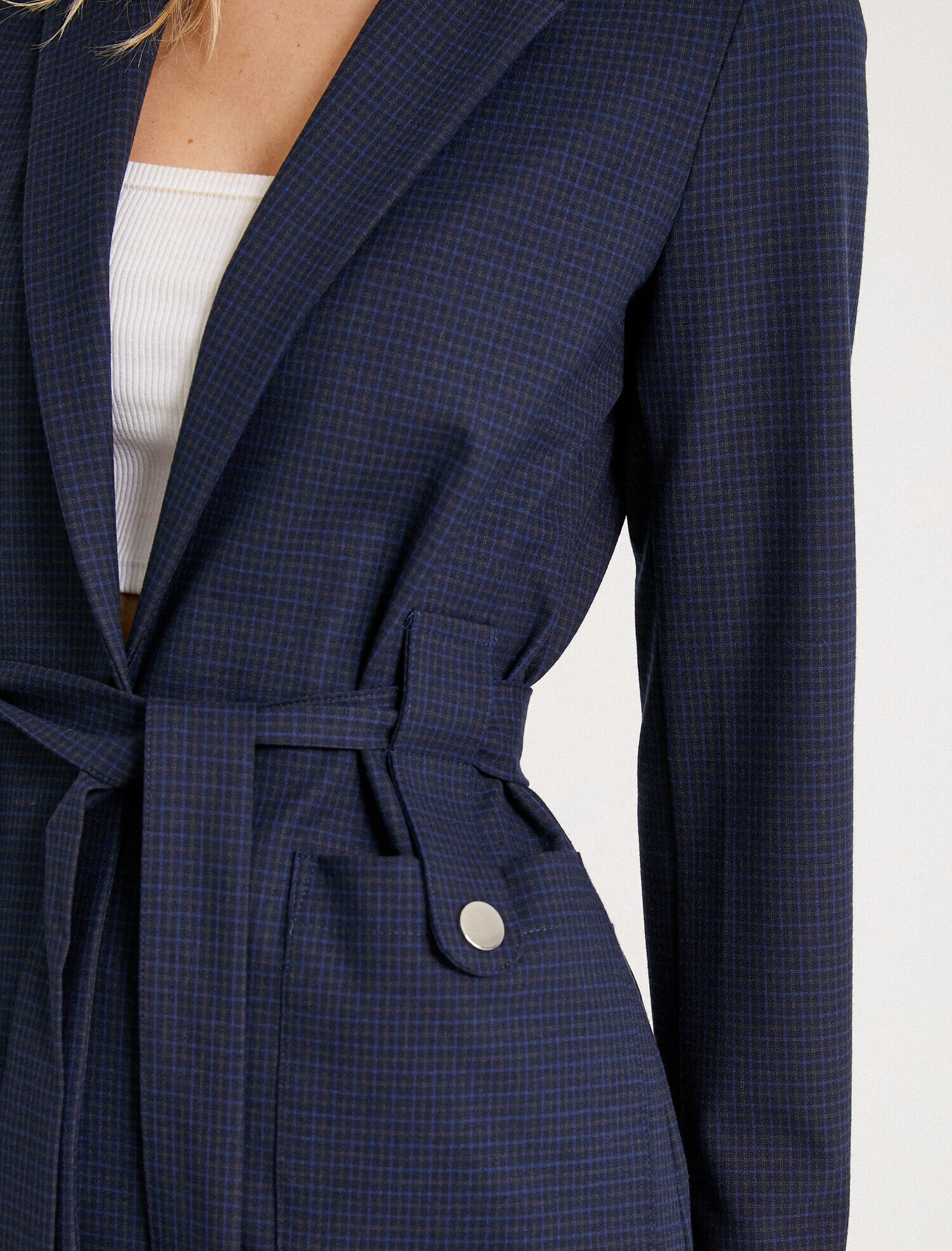   Kareli Apolet ve Şerit Detaylı Uzun Blazer