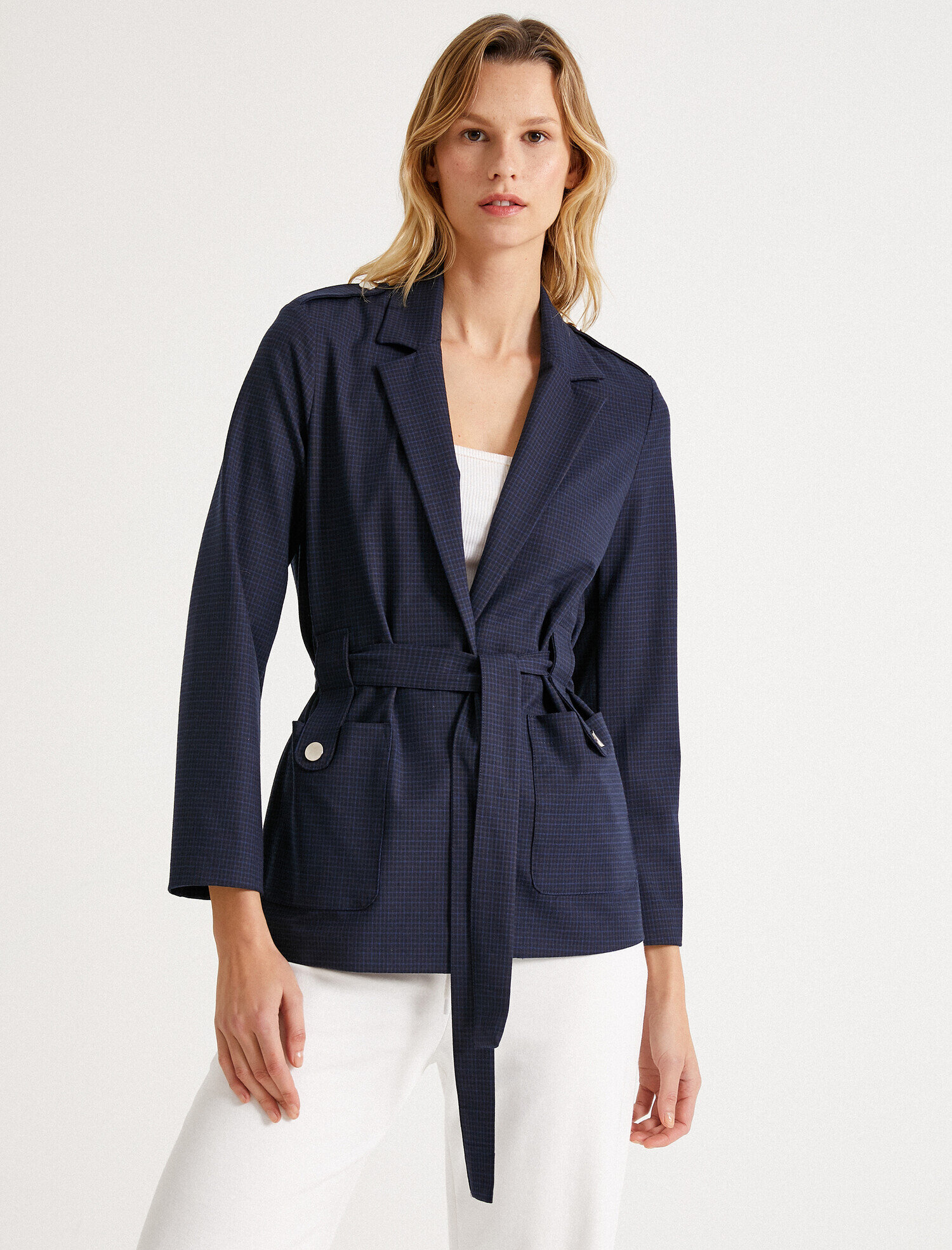   Kareli Apolet ve Şerit Detaylı Uzun Blazer