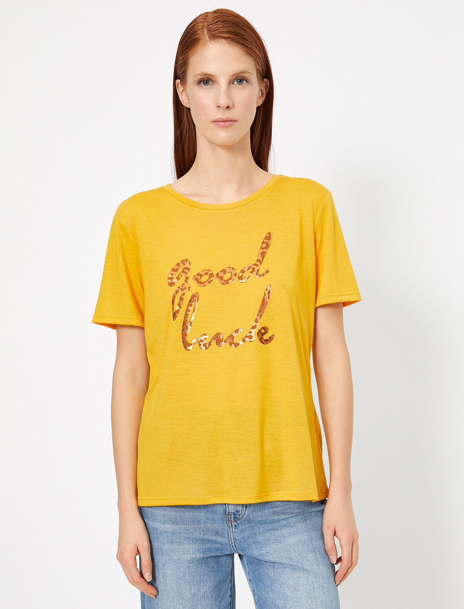   Leopar Slogan Baskı Detaylı Geniş Kalıp Bisiklet Yaka Tişört