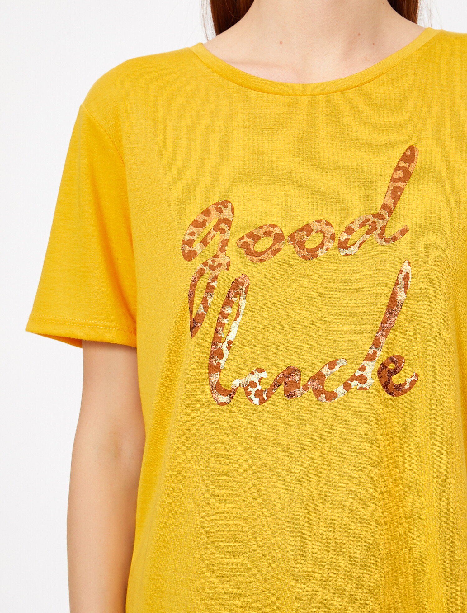   Leopar Slogan Baskı Detaylı Geniş Kalıp Bisiklet Yaka Tişört