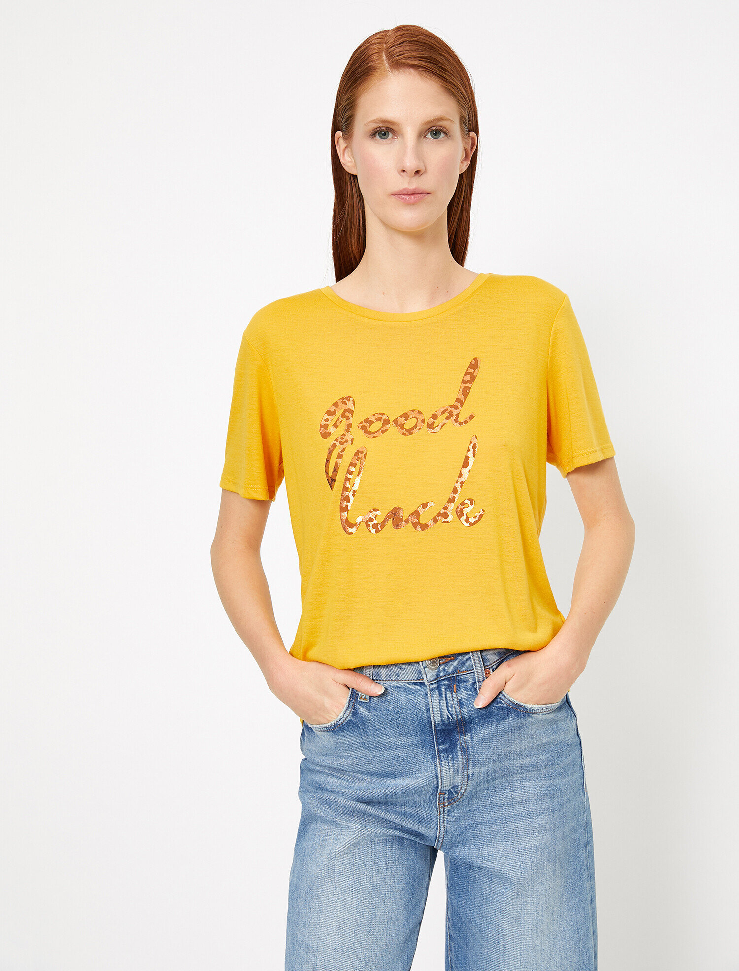   Leopar Slogan Baskı Detaylı Geniş Kalıp Bisiklet Yaka Tişört