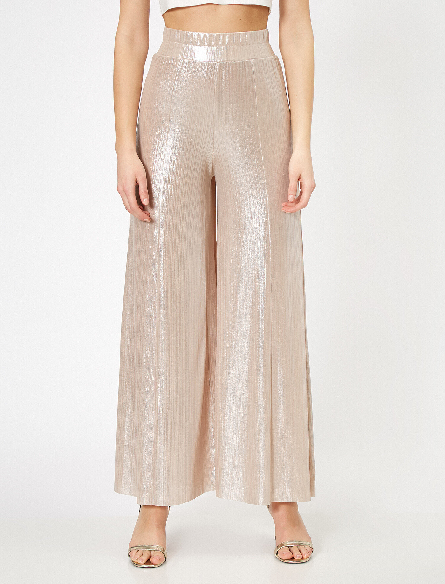   Metalik Piliseli Bel Büzgülü Lastikli Geniş Uzun Paça Pantolon