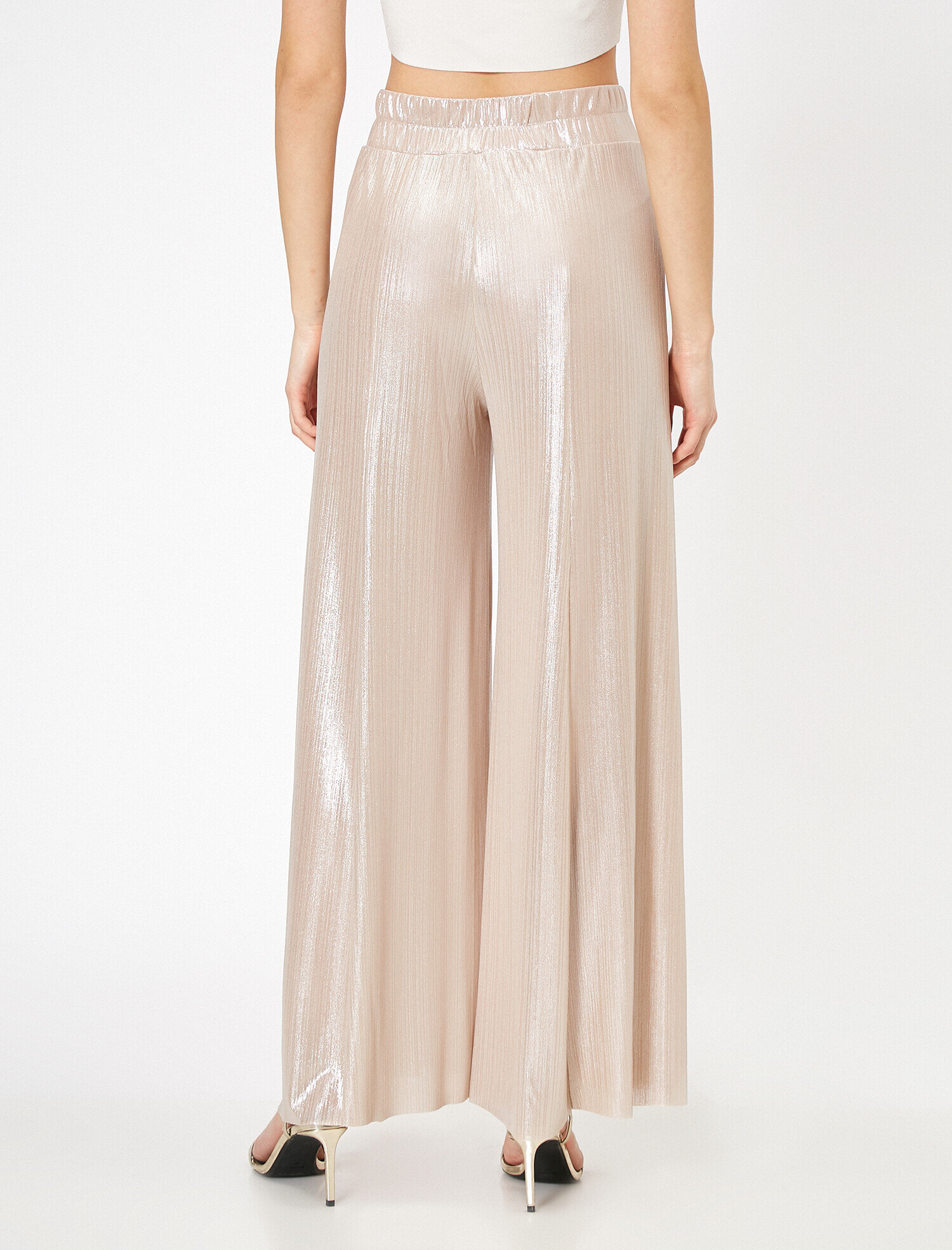   Metalik Piliseli Bel Büzgülü Lastikli Geniş Uzun Paça Pantolon