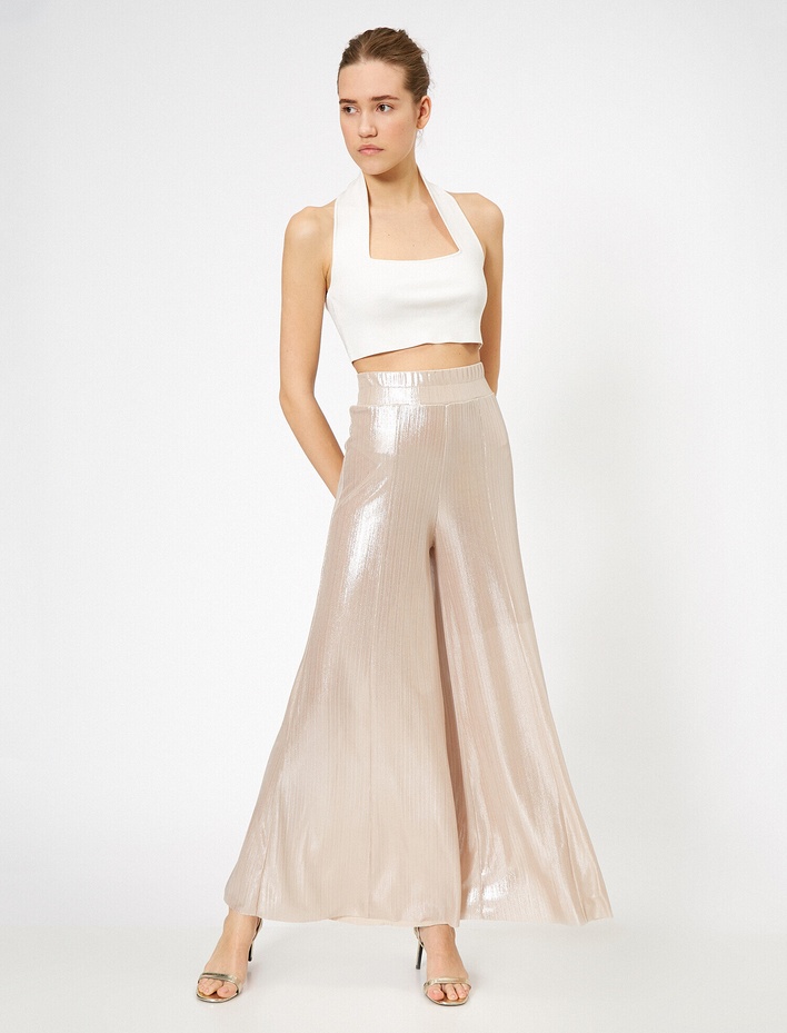  Metalik Piliseli Bel Büzgülü Lastikli Geniş Uzun Paça Pantolon