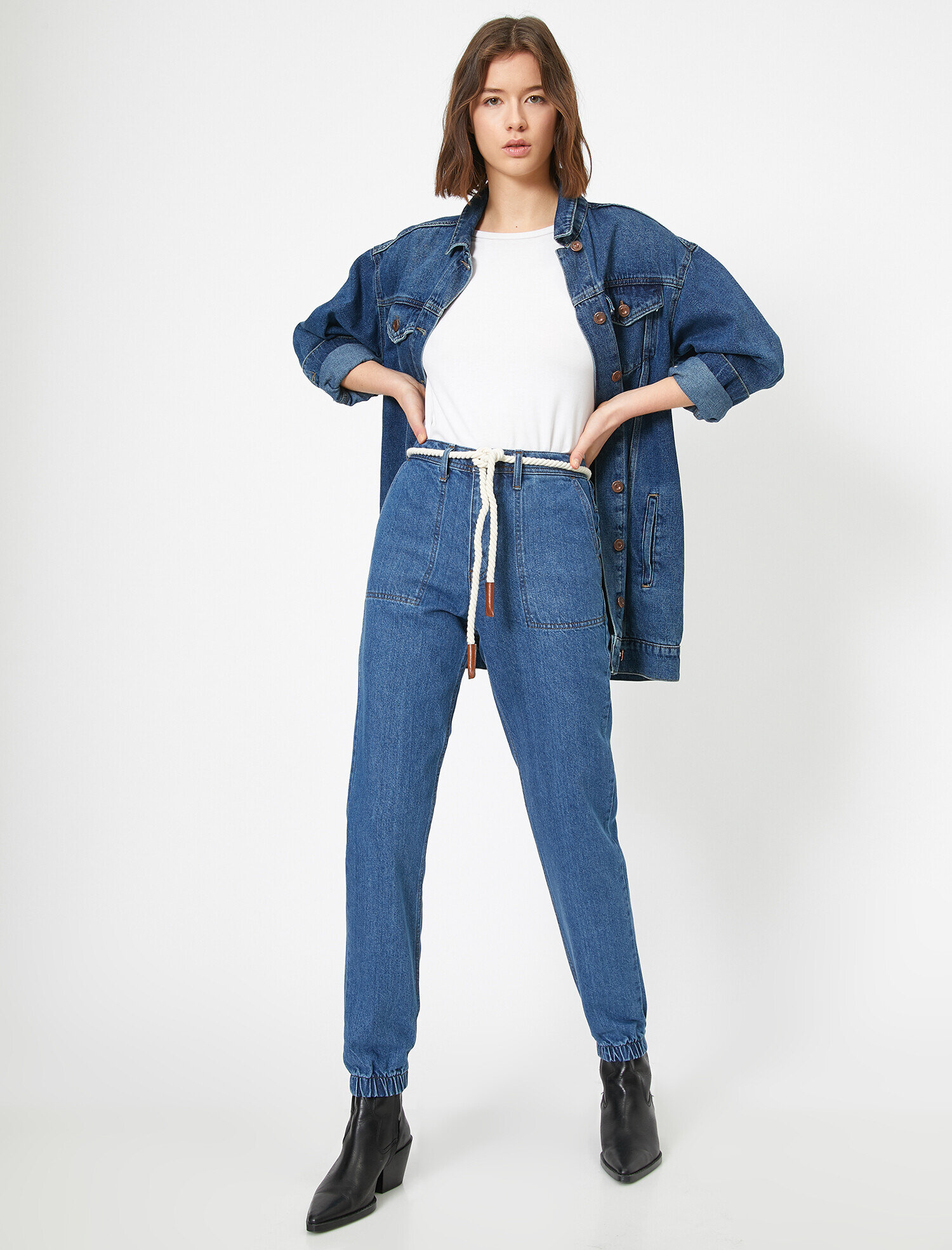   Jogger Jean - Yüksek Bel Rahat Kesim Paçası Lastikli Pantolon