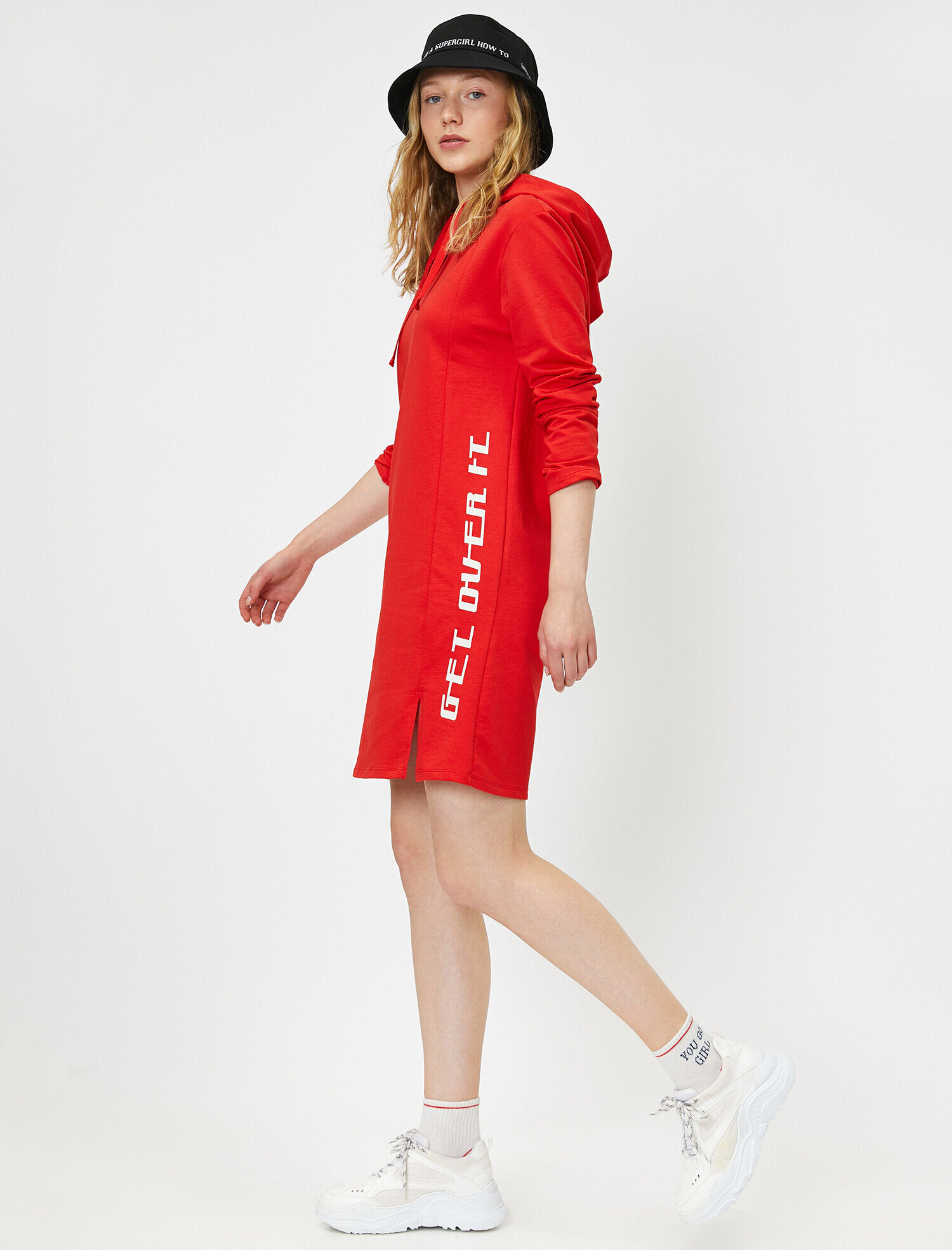   Sweat Elbise Kapşonlu Baskı Detaylı Uzun Kollu