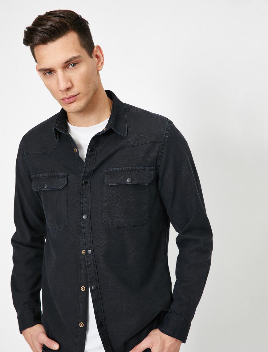   Çift Çepli Çıtçıt Düğmeli Regular Fit Denim Gömlek