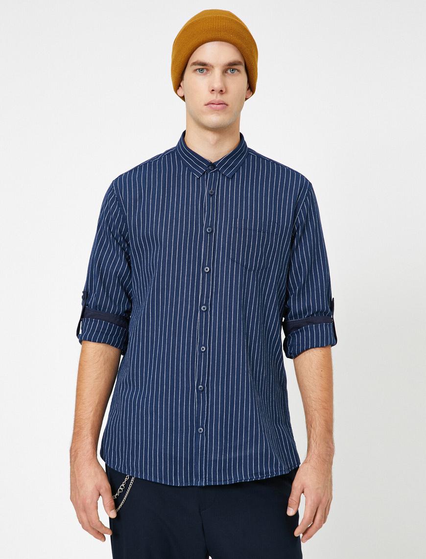   Tek Cepli Pamuklu Çizgili Slim Fit Casual Gömlek