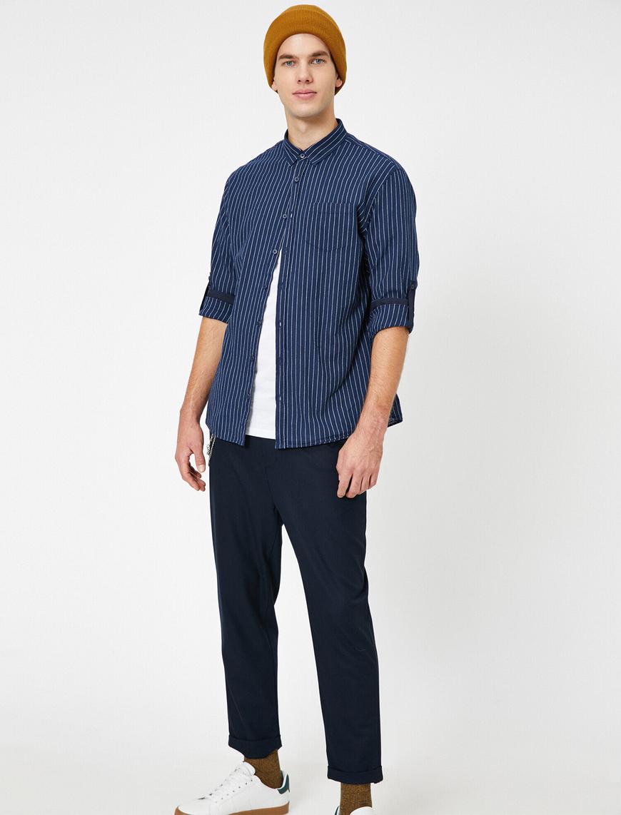   Tek Cepli Pamuklu Çizgili Slim Fit Casual Gömlek