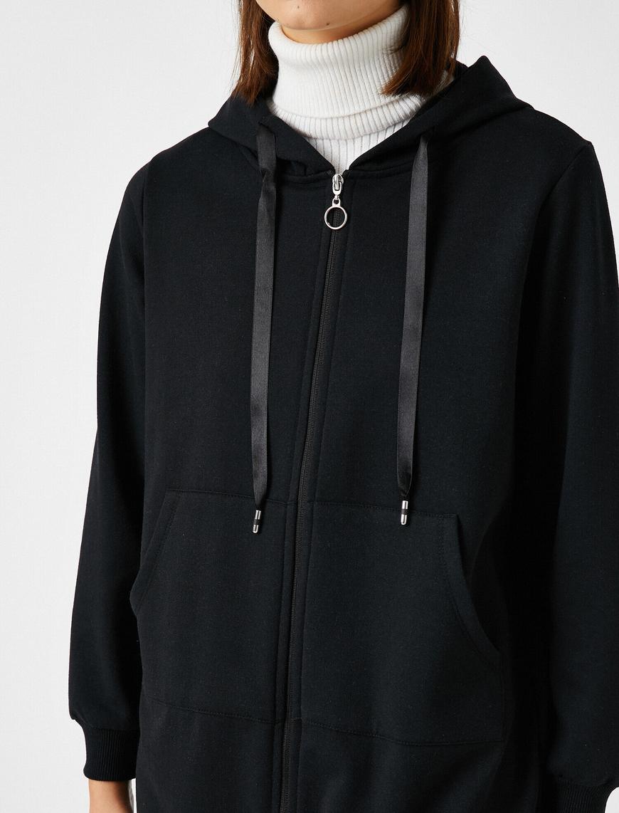   Kapüşonlu Fermuarlı Uzun Sweatshirt
