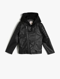 Deri Görünümlü Sweatshirt Kumaşından Kapüşonlu Motorcu Tipi Fermuarlı Mont