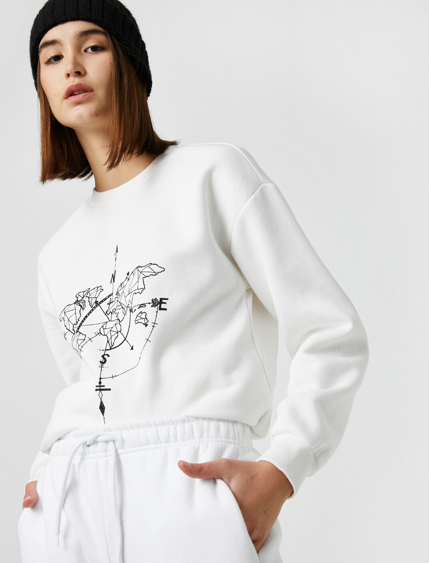   Pamuklu Bisiklet Yaka Baskılı Sweatshirt