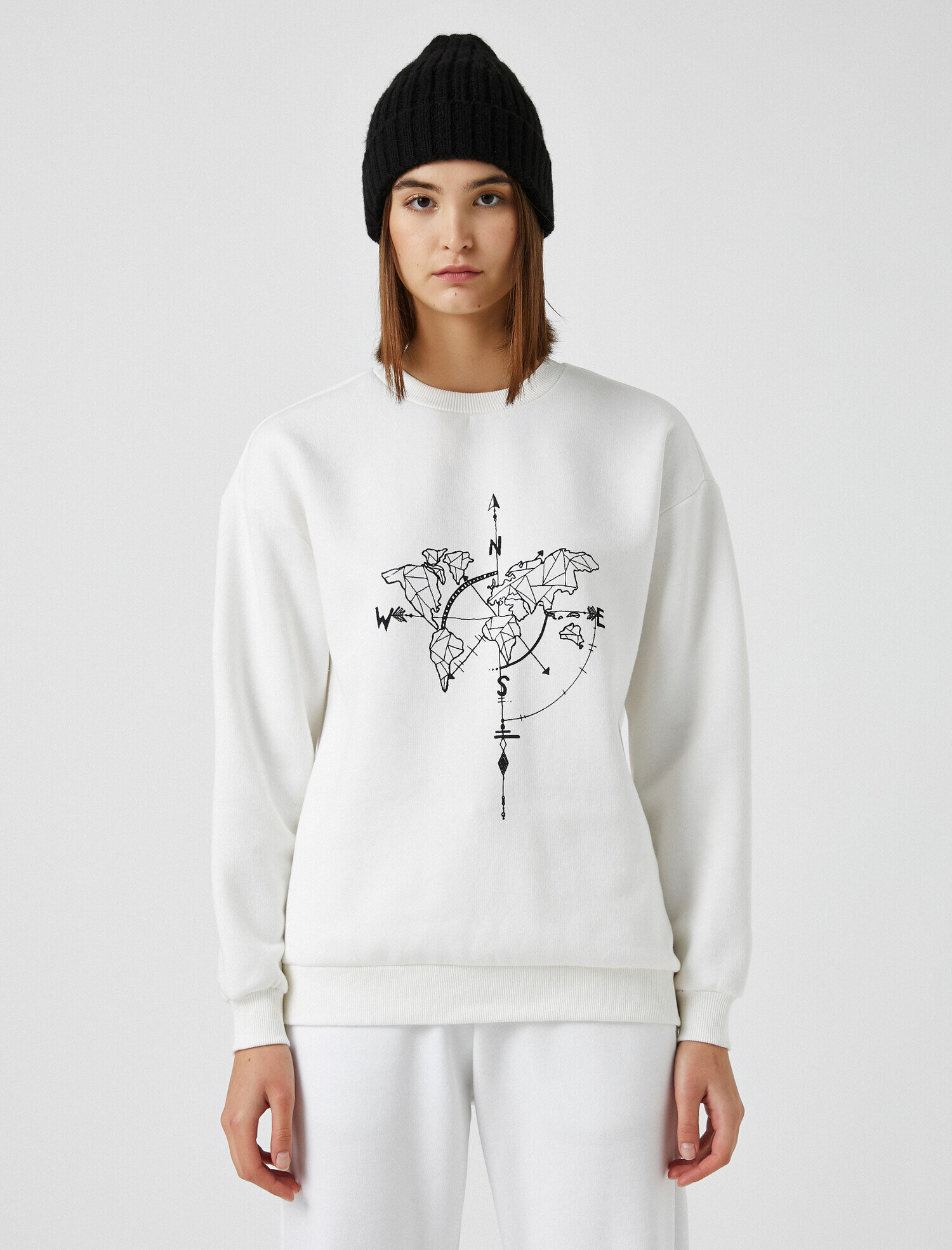   Pamuklu Bisiklet Yaka Baskılı Sweatshirt