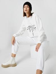 Pamuklu Bisiklet Yaka Baskılı Sweatshirt