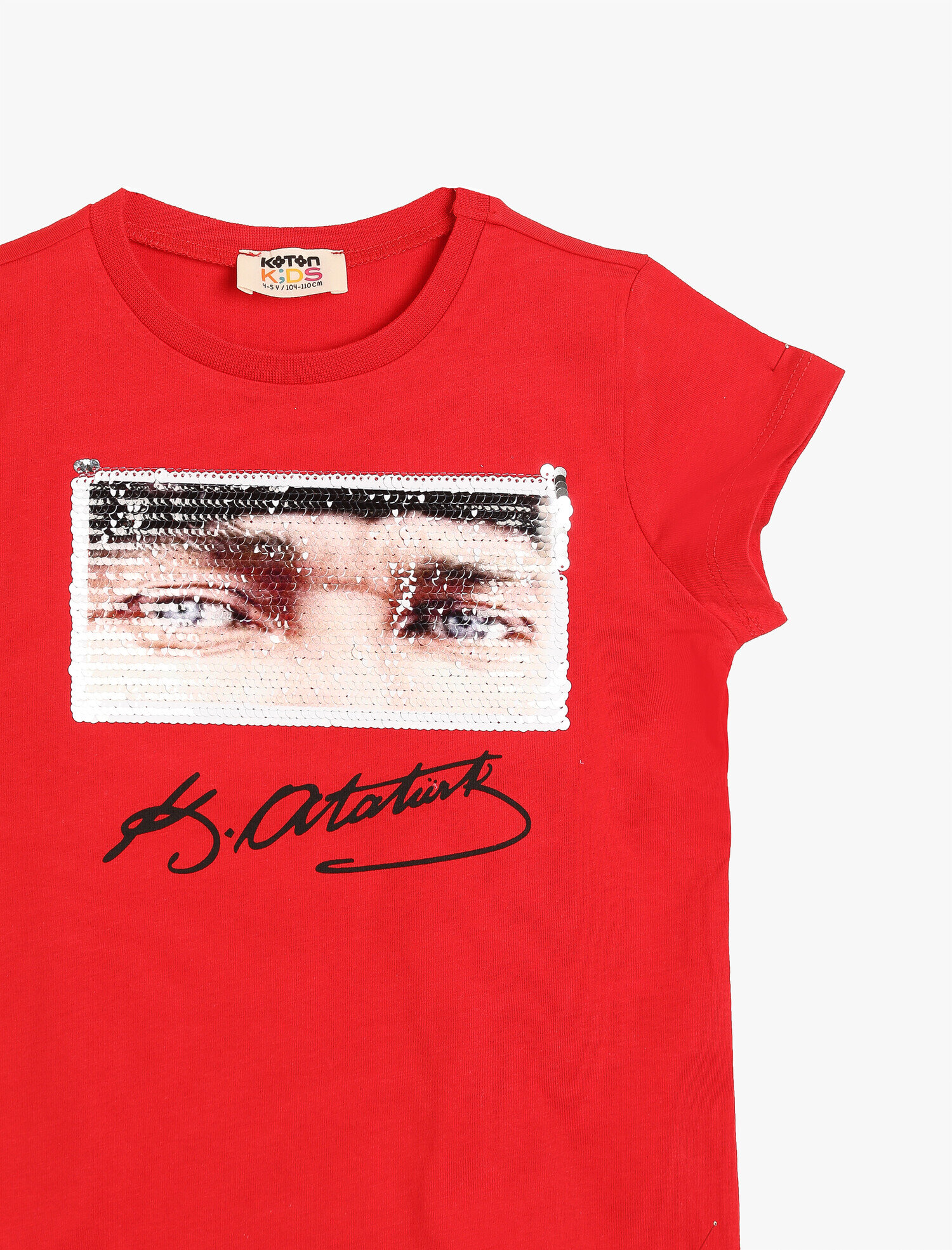  Kız Çocuk Atatürk İmzası Baskılı Pullu Bisiklet Yaka Kısa Kollu Tişört