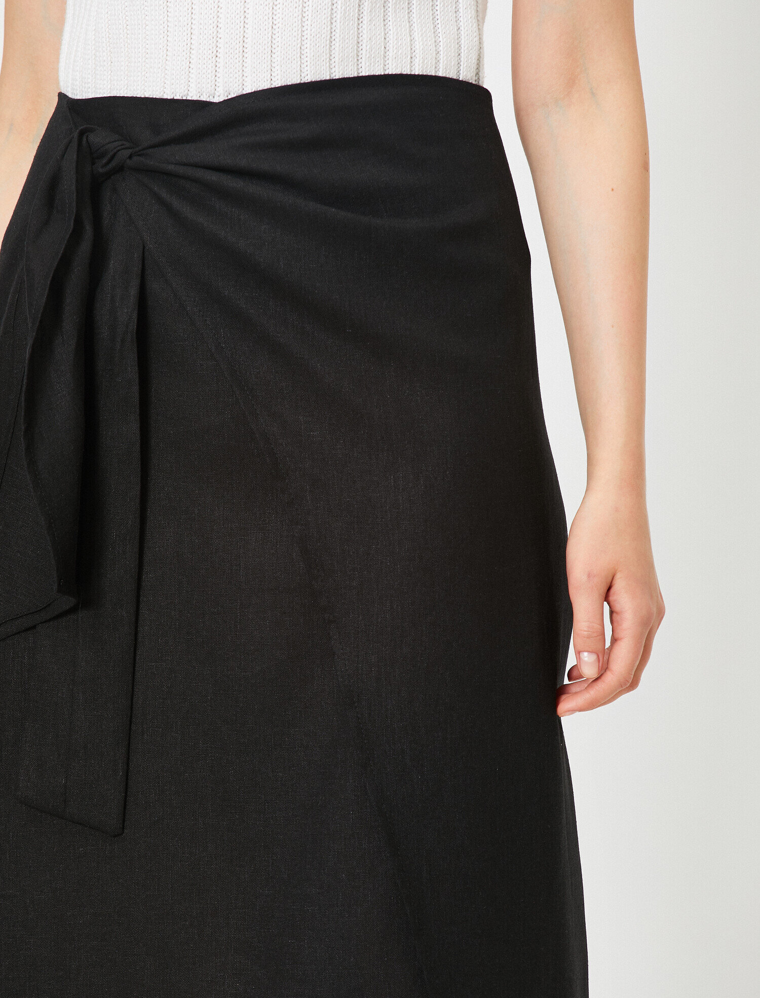   Normal Bel Beli Bağlamalı Midi Etek Keten Karışımlı