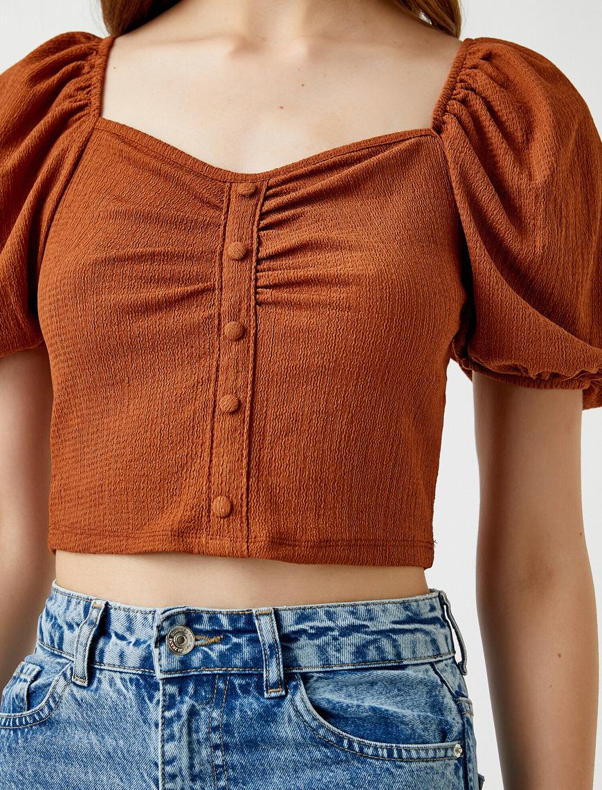   Düğmeli V Yaka Balon Kollu Crop Bluz