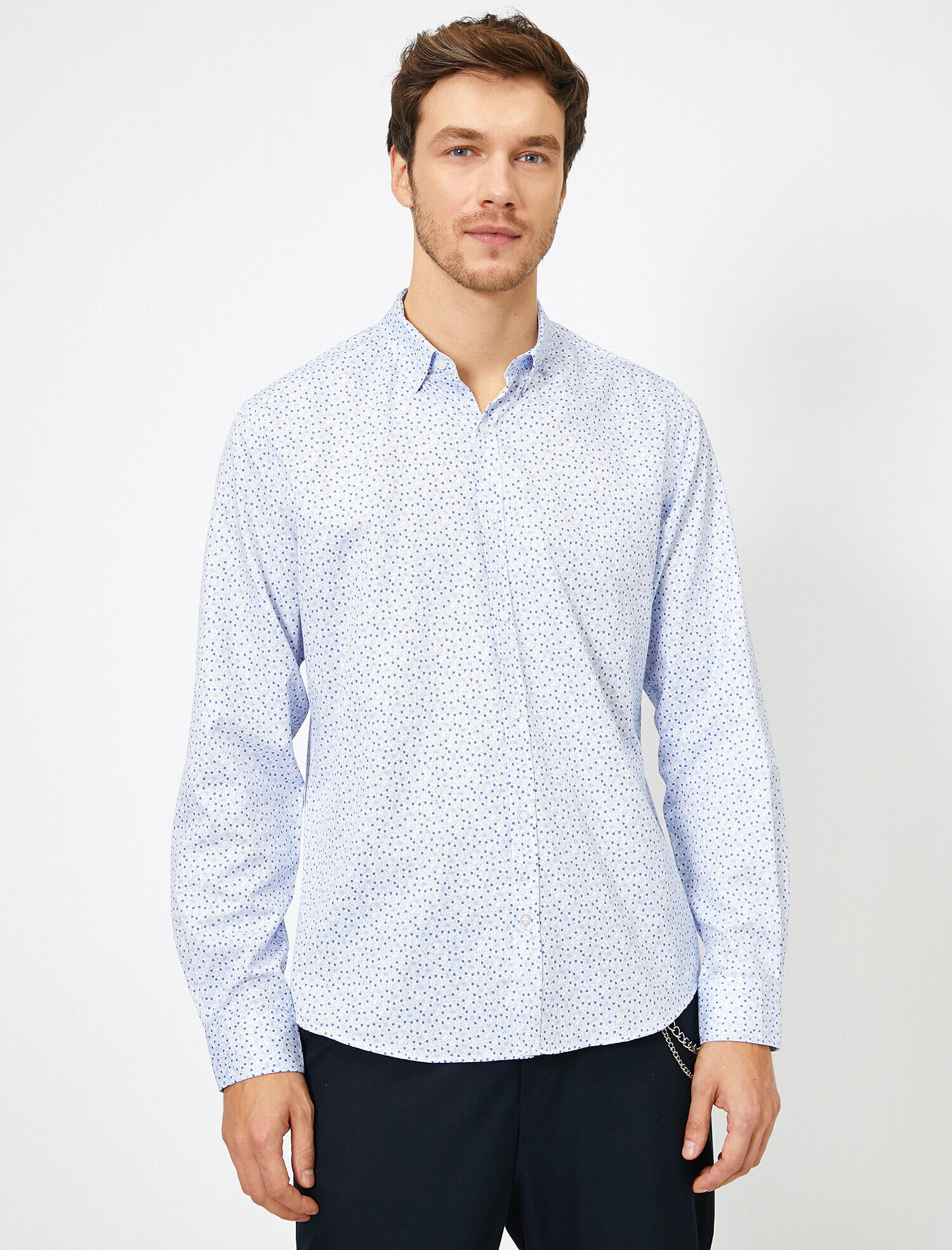   Baskılı Düğmeli Yaka Slim Fit Smart Gömlek Non Iron