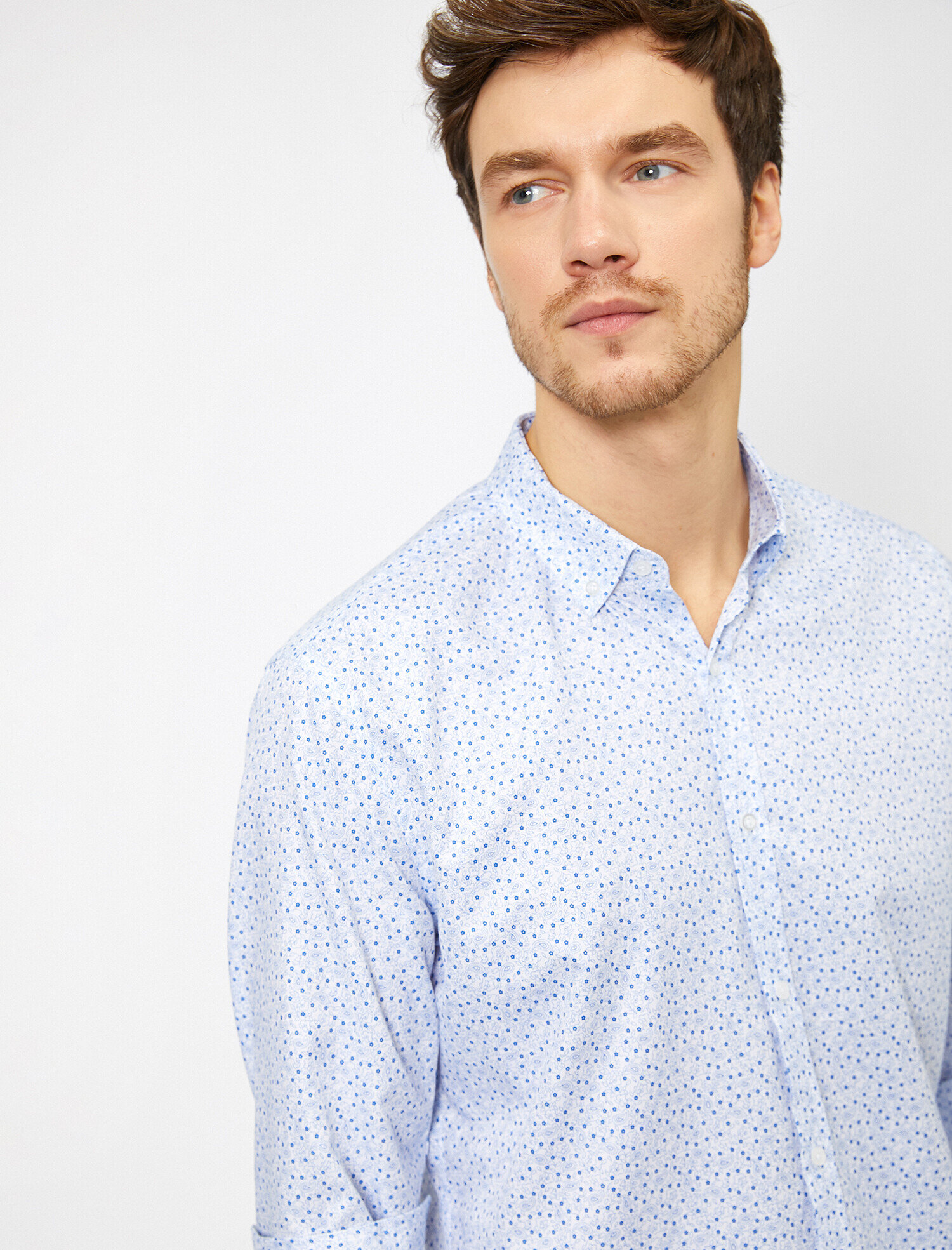   Baskılı Düğmeli Yaka Slim Fit Smart Gömlek Non Iron