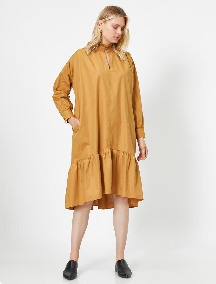  Poplin Yüksek Yakalı Uzun Elbise