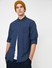 Tek Cepli Pamuklu Çizgili Slim Fit Casual Gömlek