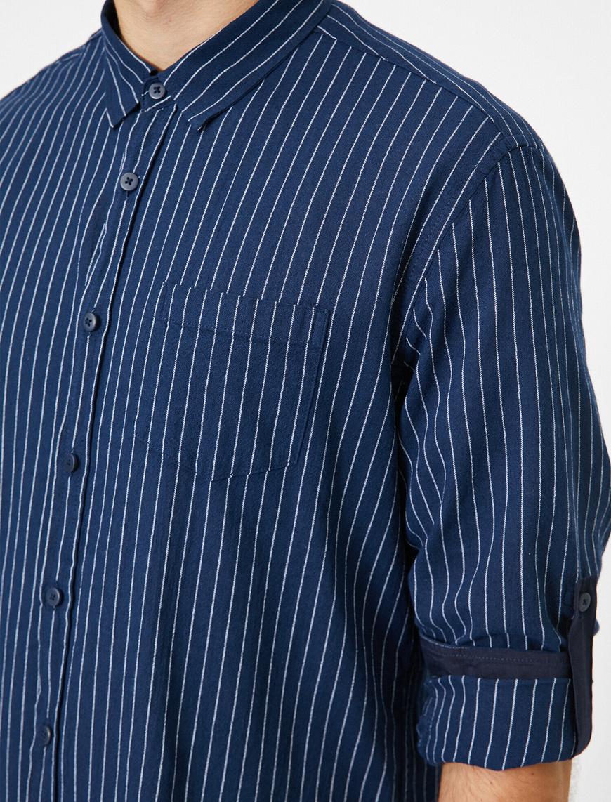   Tek Cepli Pamuklu Çizgili Slim Fit Casual Gömlek
