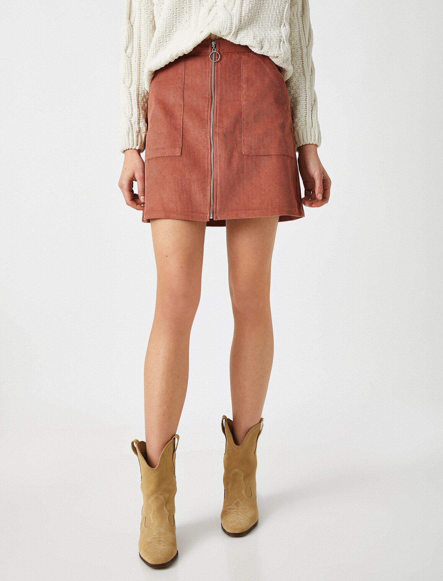 Çizgili Kadife Fermuarlı Mini Etek