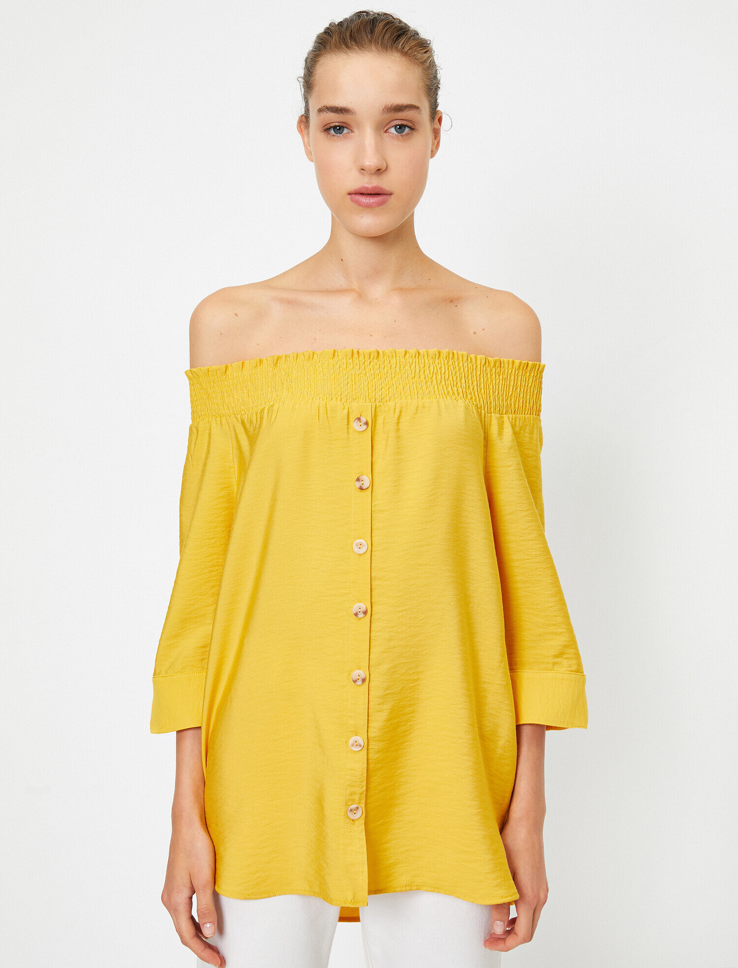   Düğmeli 3/4 Kol Omzu Açık Gömlek