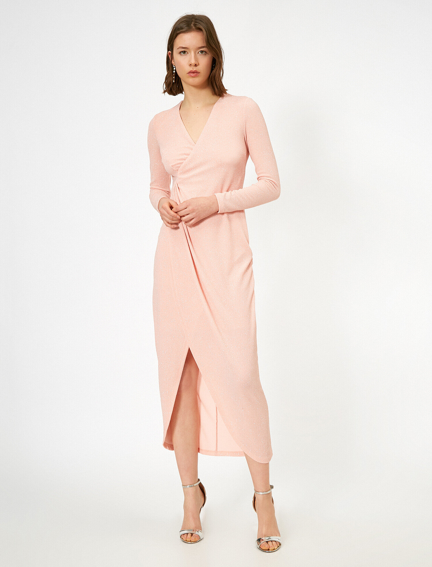   Yırtmaçlı Abiye Elbise Simli Anvelop Drape Detaylı Uzun Abiye