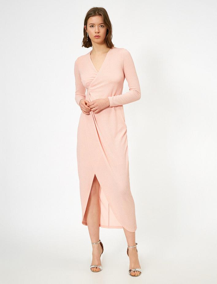  Yırtmaçlı Abiye Elbise Simli Anvelop Drape Detaylı Uzun Abiye