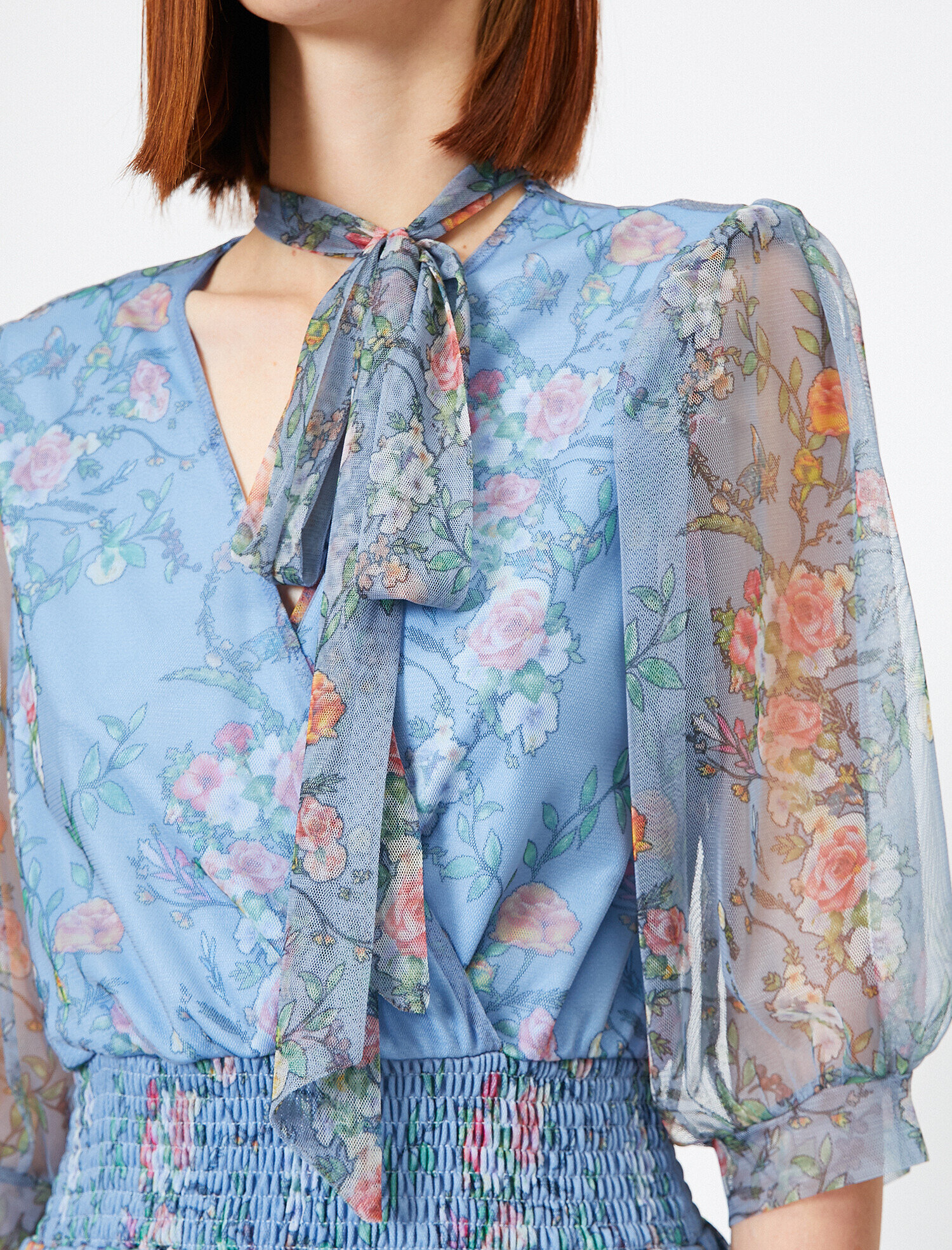   Çiçekli Yazlık Abiye Elbise Tül Bel Büzgülü Karpuz Kisa Kollu V Yaka Uzun