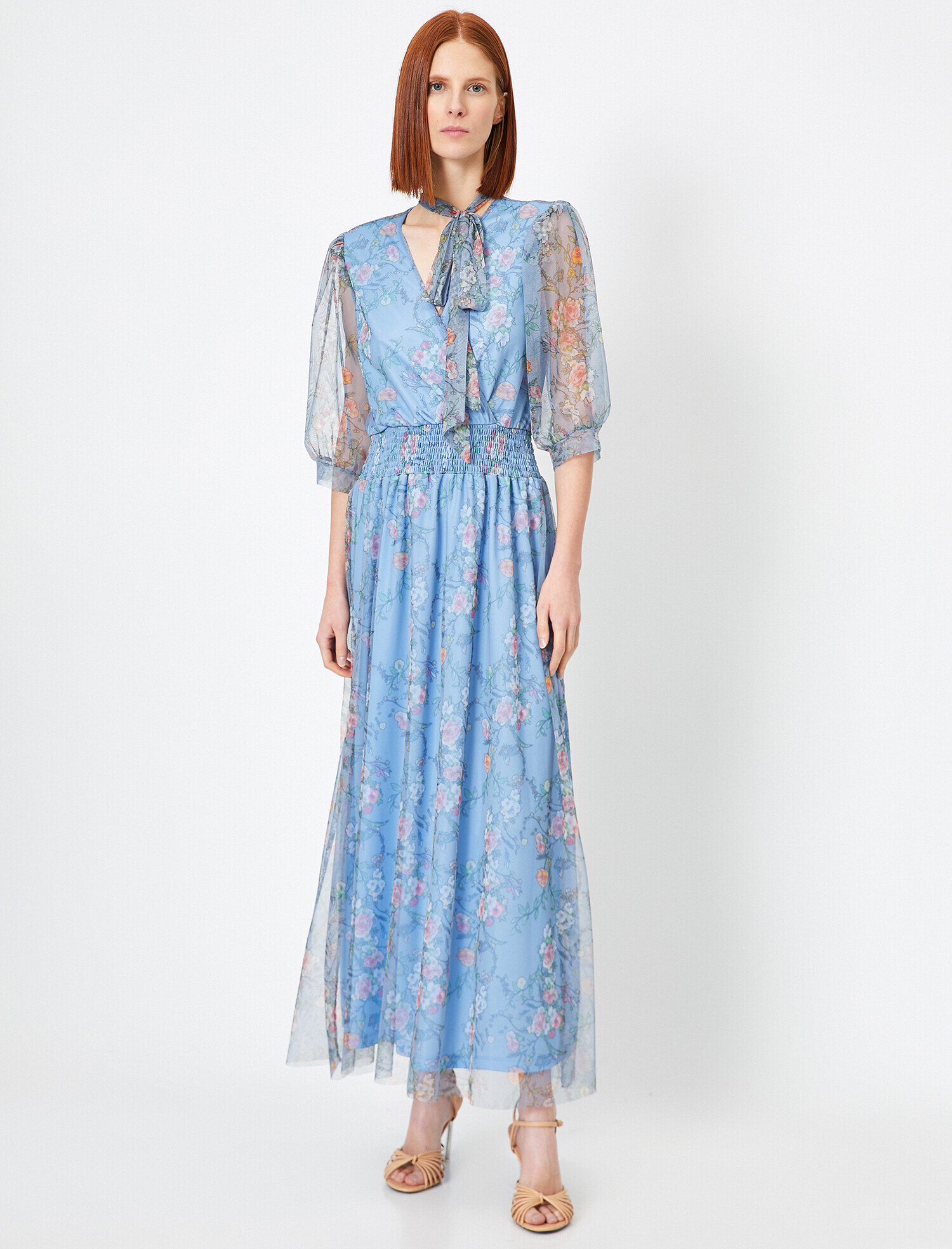   Çiçekli Yazlık Abiye Elbise Tül Bel Büzgülü Karpuz Kisa Kollu V Yaka Uzun