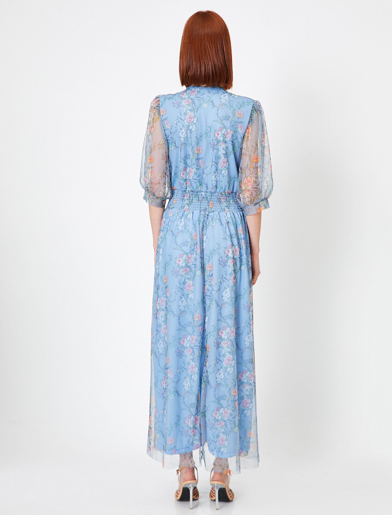   Çiçekli Yazlık Abiye Elbise Tül Bel Büzgülü Karpuz Kisa Kollu V Yaka Uzun