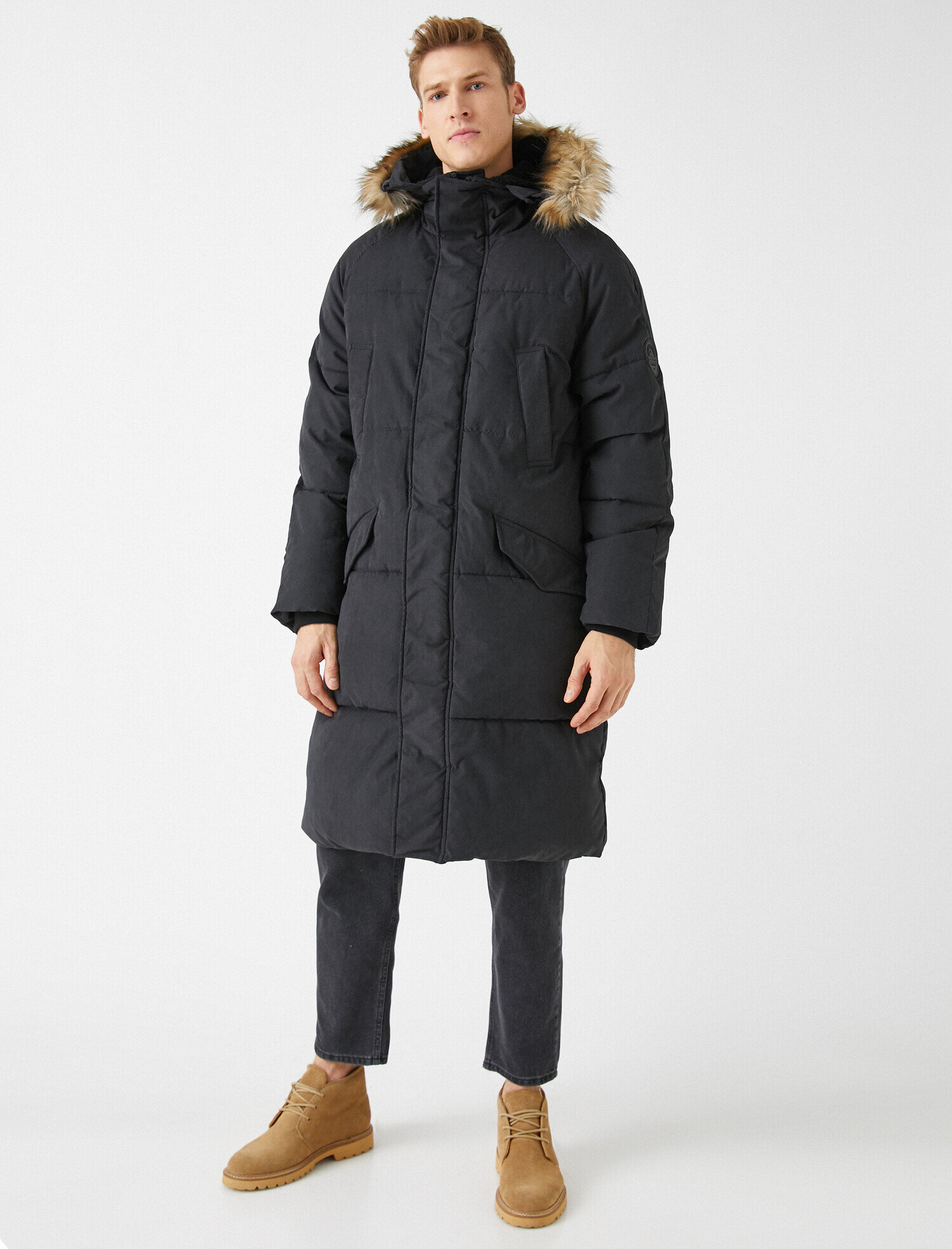   Suni Kürk Kapüşonlu Cepli Şişme Kaban