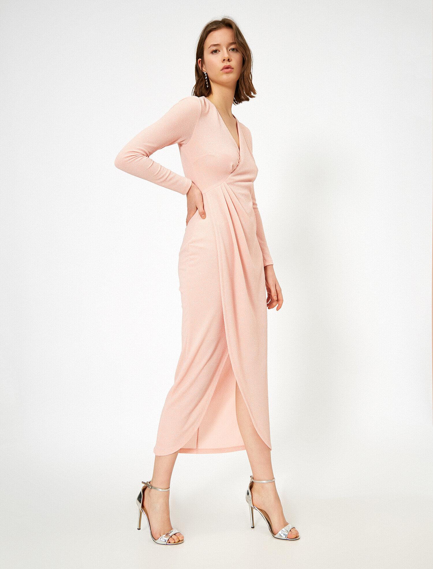   Yırtmaçlı Abiye Elbise Simli Anvelop Drape Detaylı Uzun Abiye