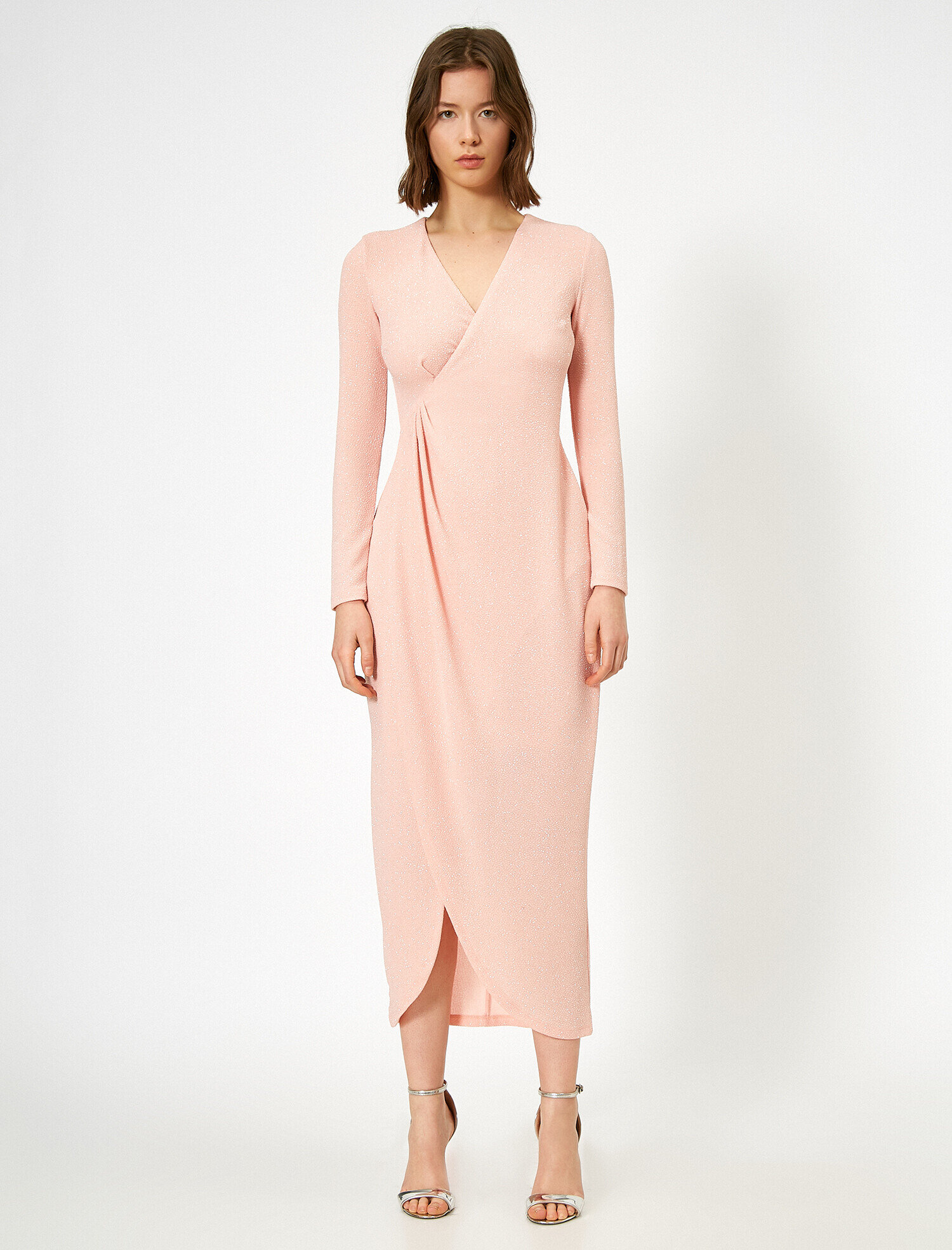   Yırtmaçlı Abiye Elbise Simli Anvelop Drape Detaylı Uzun Abiye