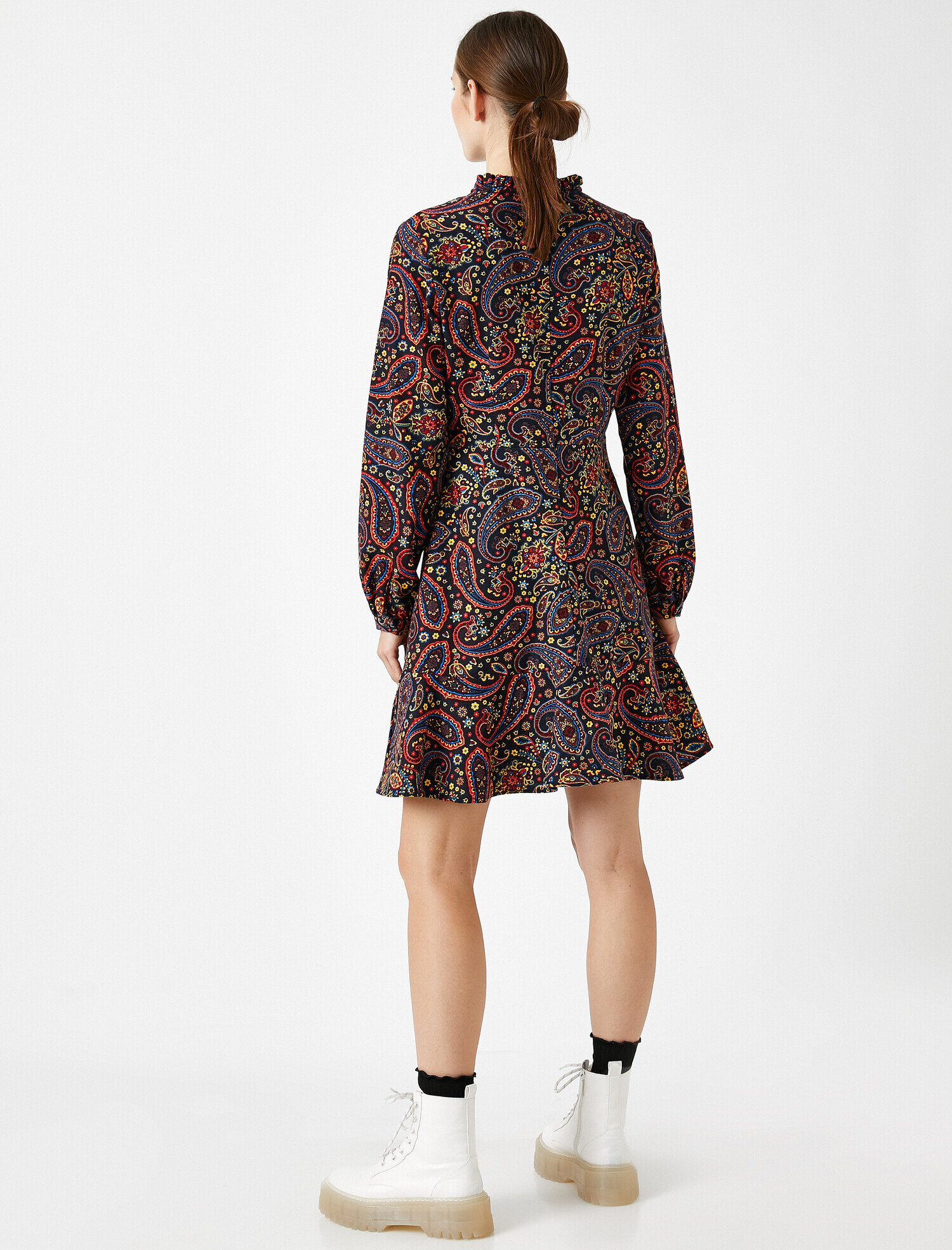   Uzun Kollu Sal Desenli Elbise