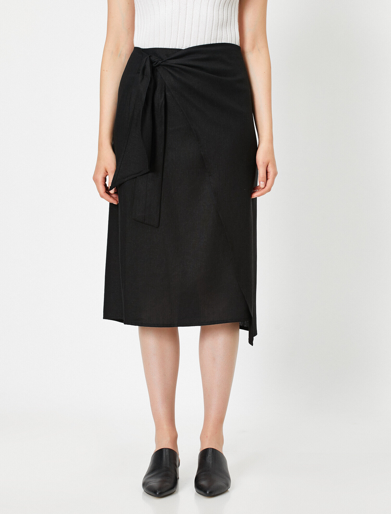   Normal Bel Beli Bağlamalı Midi Etek Keten Karışımlı