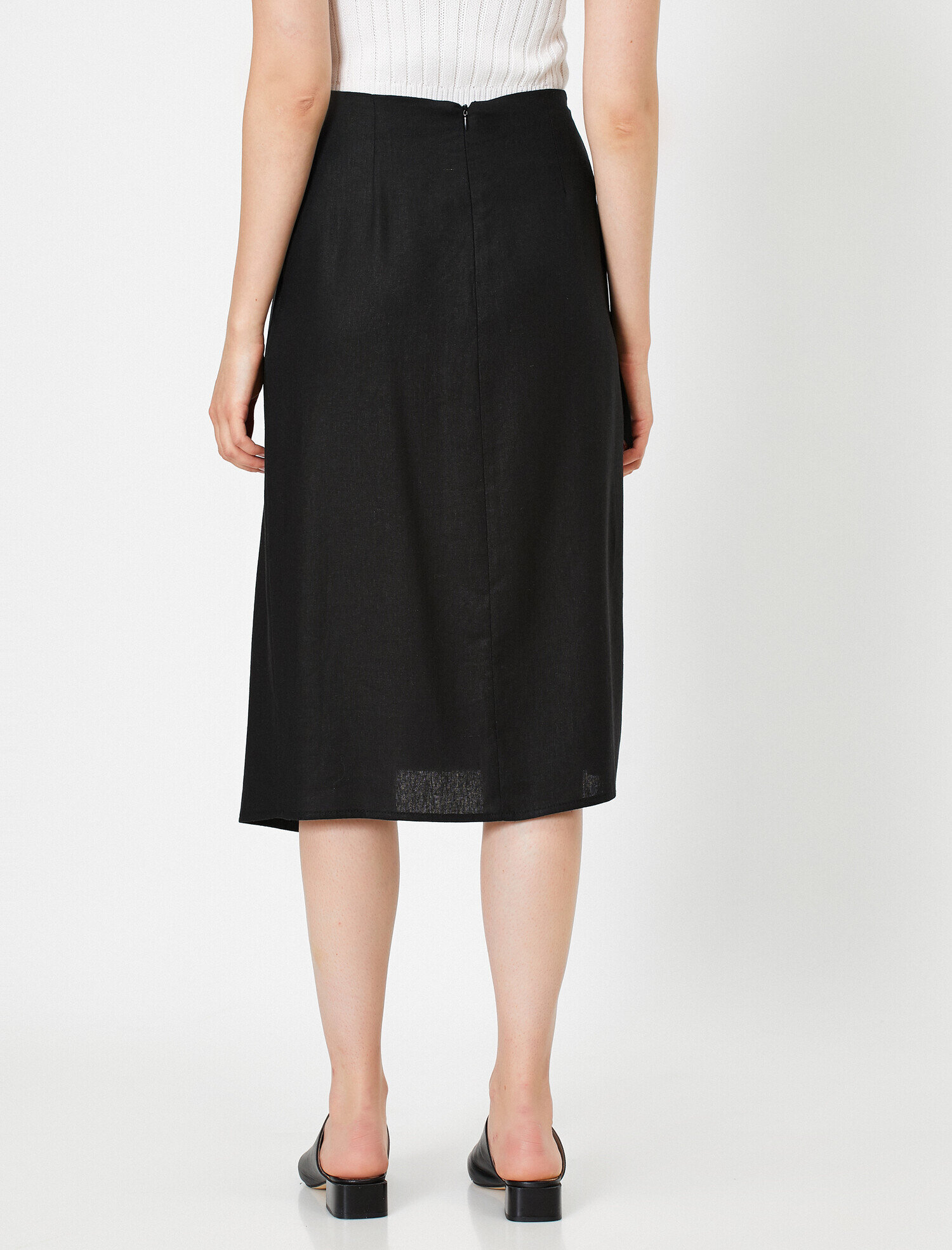   Normal Bel Beli Bağlamalı Midi Etek Keten Karışımlı